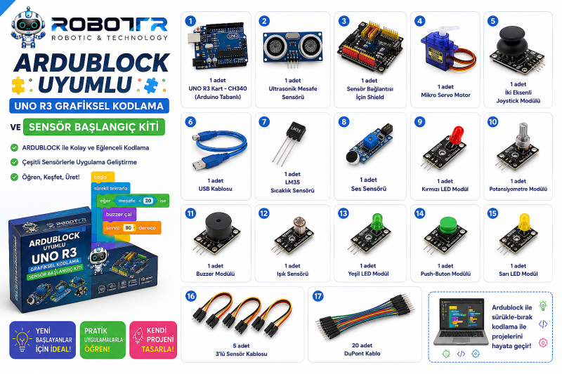 Ardublock Uyumlu UNO R3 Grafiksel Kodlama ve Sensör Başlangıç Kiti