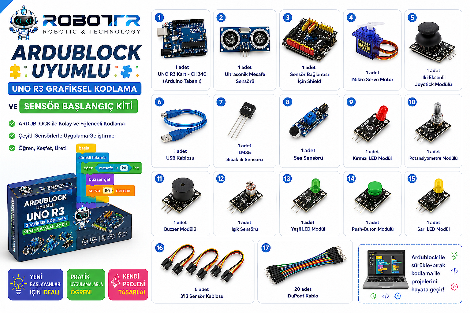 Ardublock Uyumlu UNO R3 Grafiksel Kodlama ve Sensör Başlangıç Kiti - 1