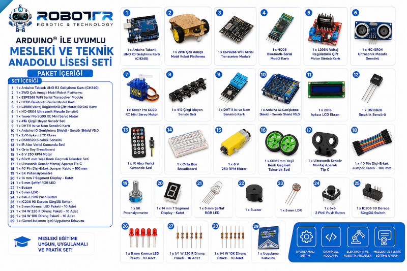 Arduino® ile Uyumlu Mesleki ve Teknik Anadolu Lisesi Seti Paket İçeriği