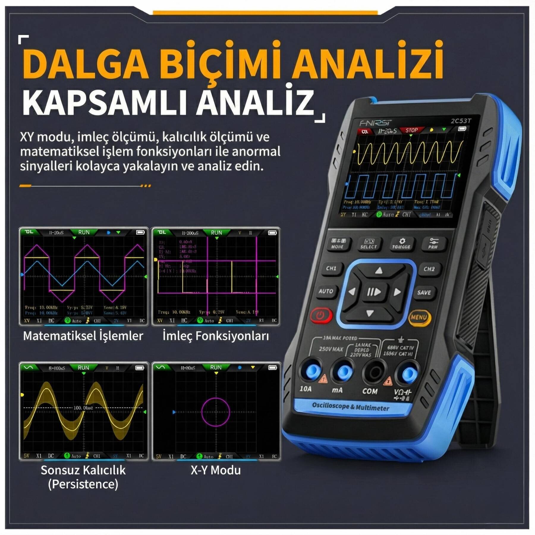 FNIRSI 2C53T El Tipi 3’ü 1 Arada Dijital Osiloskop Multimetre ve Sinyal Jeneratörü - 4