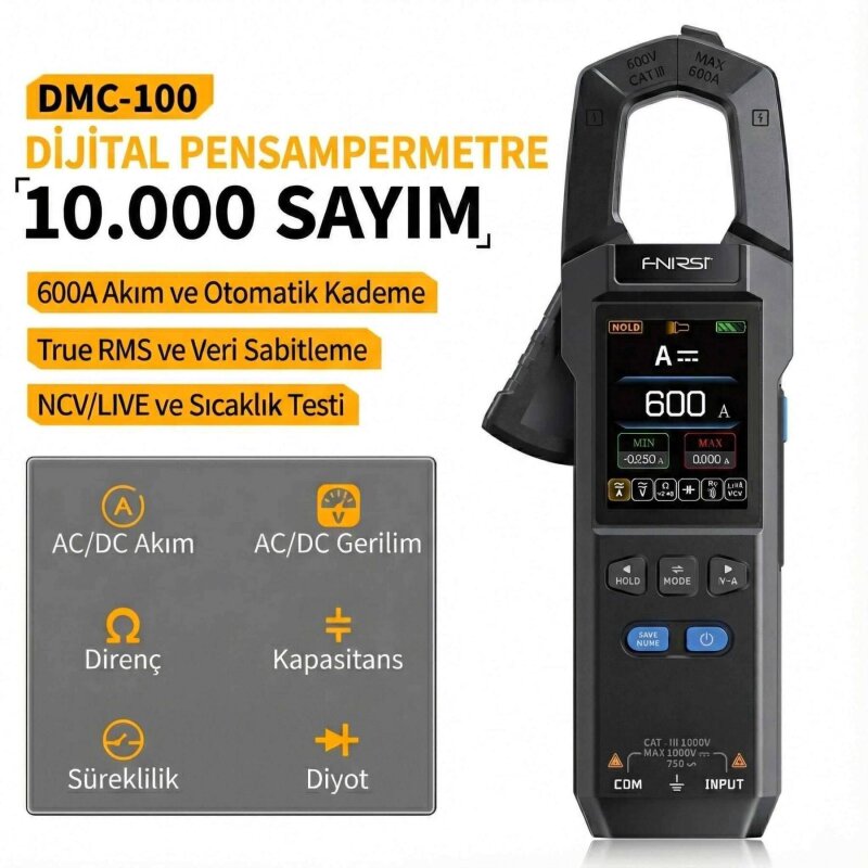 FNIRSI DMC-100 10000 Sayımlı True RMS Akım Gerilim Pens Metre – TFT Ekranlı Dijital Multimetre