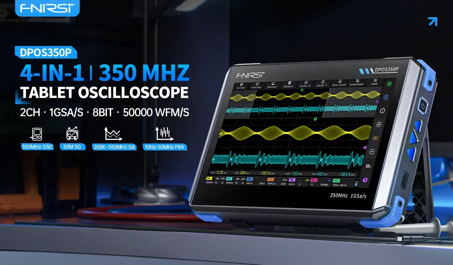 FNIRSI DPOS350P 4’ü 1 Arada 350 MHz 1 GSPS Tablet Osiloskop – Sinyal Jeneratörü, Spektrum ve Frekans Analizörü - 3