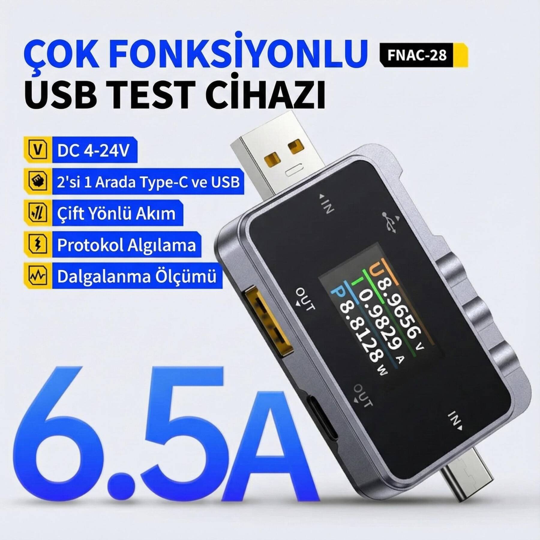 FNIRSI FNAC-28 Tip-C USB Güç ve Akım Gerilim Ölçüm Test Cihazı - 2