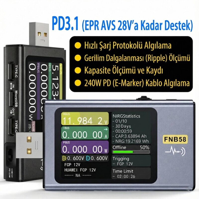 FNIRSI FNB58 Bluetooth USB Güç Ölçüm ve Test Cihazı - 5