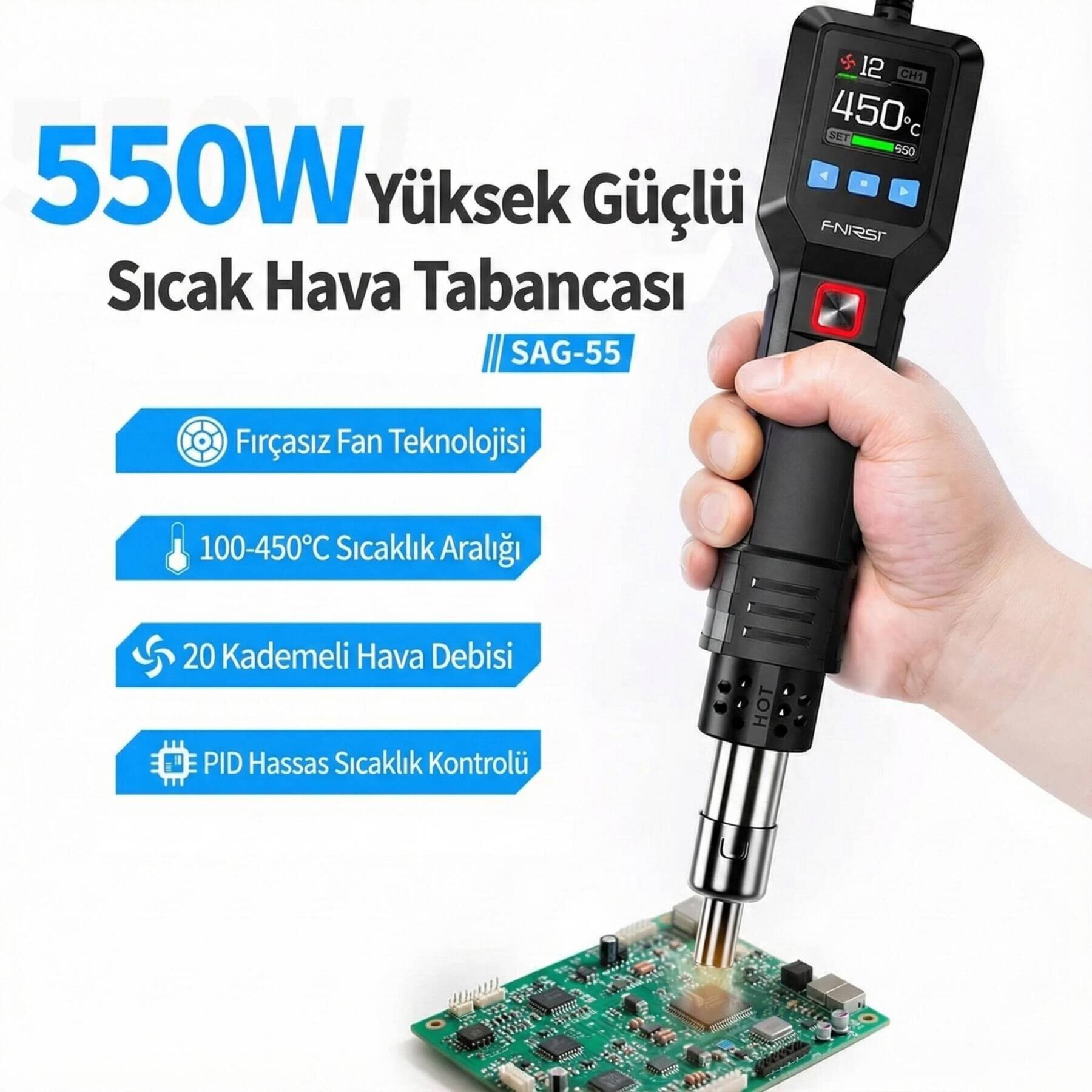 FNIRSI SAG-55 PRO Akıllı Dijital Sıcak Hava Tabancası 550W - 3